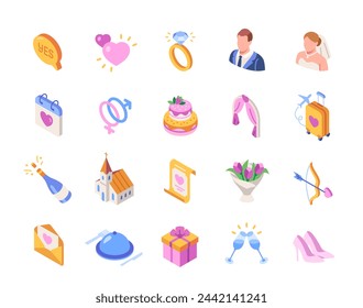 Set of wedding related icons. Marrying and engagement. Colorful signs with bride, groom, hearts, wedding ring, honeymoon and gift. Cartoon isometric vector collection isolated on white background