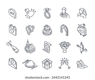 Conjunto de iconos de línea relacionados con la boda. Signos de trazo editables. Novia, novio, anillo de compromiso, regalo de boda, champán, pastel y luna de miel. Colección vectorial isométrica de contorno aislada sobre fondo blanco