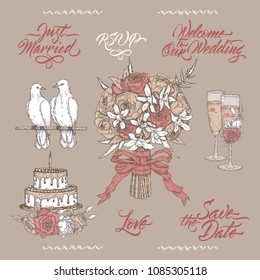 Set of Wedding related sketches and brush calligraphy. Includes wine glass, bouquet, doves and cake decor sketch. Great for holiday design.