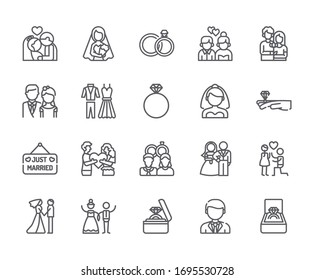 Set of wedding Related Vector Line Icons. Includes such Icons as bride and groom, engagement, wedding rings, just merried and more. - vector