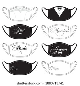 Set of Wedding reusable mouth masks in vector. Just Merried. Bride and Groom. Mr and Mrs