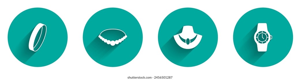 Set Wedding ring, Pearl necklace, Necklace on mannequin and Wrist watch icon with long shadow. Vector