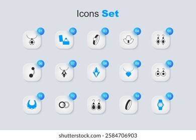 Set Wedding ring, Pendant on necklace, Diamond engagement box, Necklace, Wrist watch, Earrings,  and Gem stone icon. Vector