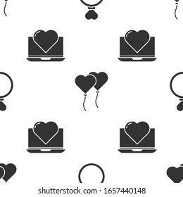 Set Wedding rings, Balloons in form of heart and Laptop with heart on seamless pattern. Vector