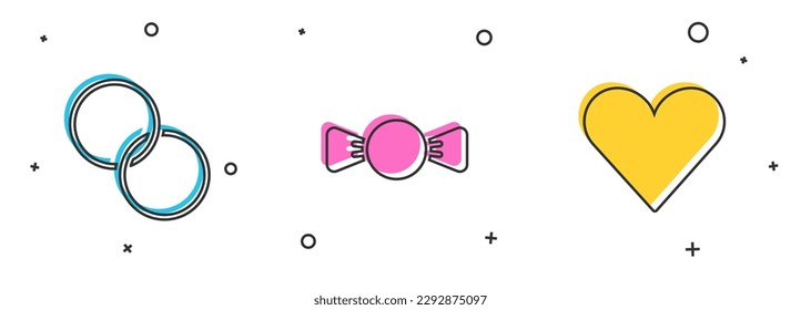 Set Wedding rings, Bow tie and Heart icon. Vector