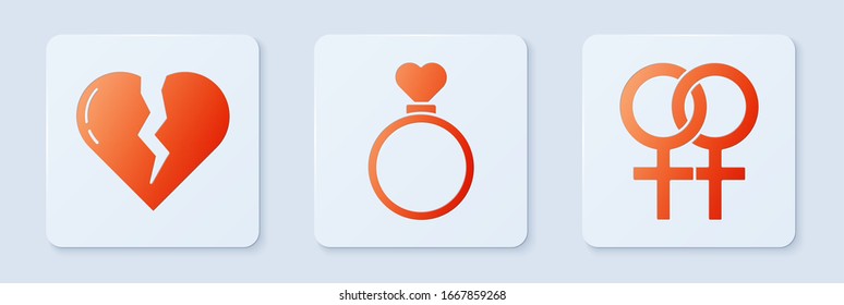 Fijar anillos de boda, Corazón roto o divorcio y símbolo de género femenino. Botón cuadrado blanco. Vector