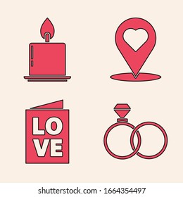 Set Wedding Ringe, Burning Kerze, Kartenzeiger mit Herz und Valentinstag Party Flyer Symbol. Vektorillustration