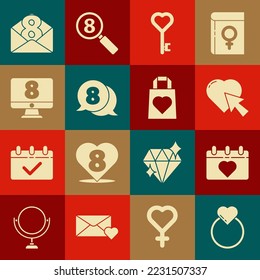 Set Wedding rings, Calendar with 8 March, Heart and cursor click, Key heart shape, speech bubble, on monitore, Envelope and Shopping bag icon. Vector