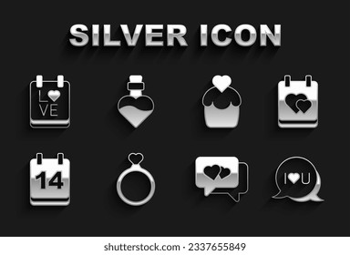 Set Wedding rings, Calendar with heart, Speech bubble text I love you, Heart speech, February 14, cake,  and Bottle potion icon. Vector