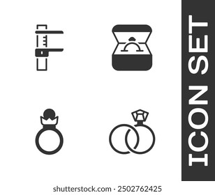 Conjunto de anillos de boda, calibre o pinza y escala, compromiso de diamante y icono de caja. Vector