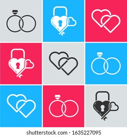 Set Wedding rings, Castle in the shape of a heart and key and Two Linked Hearts icon. Vector