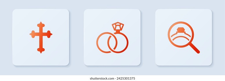 Anillos de boda, cruz cristiana y compromiso de diamantes. Botón cuadrado blanco. Vector