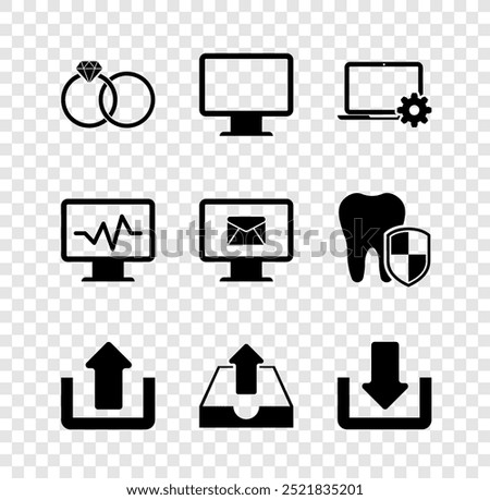 Set Wedding rings, Computer monitor screen, Laptop and gear, Upload, inbox and Download icon. Vector