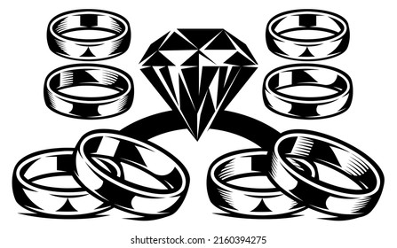 A set of wedding rings of different styles. Large diamond ring. Vector illustration, elements for design.