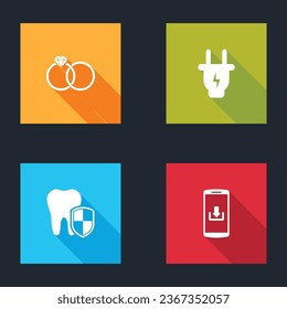 Set Wedding rings, Electric plug, Dental protection and Smartphone with download icon. Vector