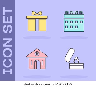 Set Wedding rings, Gift box, Church building and Calendar icon. Vector