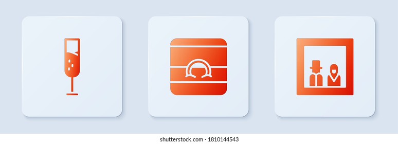 Set Wedding rings, Glass of champagne and Family photo. White square button. Vector