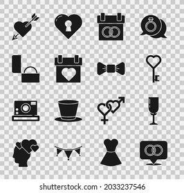 Set Wedding rings, Glass of champagne, Key heart shape, Calendar, Diamond engagement, Amour with and arrow and Bow tie icon. Vector