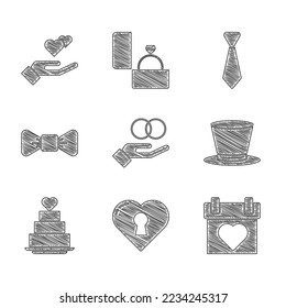 Set Wedding rings, Heart with keyhole, Calendar, Cylinder hat, cake heart, Bow tie, Tie and hand icon. Vector