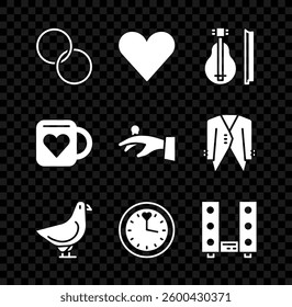 Set Wedding rings, Heart, Violin, Dove, Clock, Home stereo with two speakers, Coffee cup and heart and on hand icon. Vector
