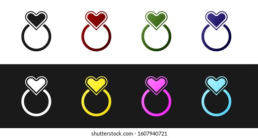 Set Wedding rings icon isolated on black and white background. Bride and groom jewelry sign. Marriage symbol. Diamond ring.  Vector Illustration