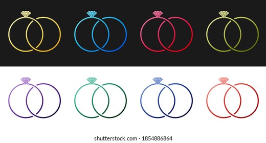 Set Wedding rings icon isolated on black and white background. Bride and groom jewelery sign. Marriage icon. Diamond ring. Vector.