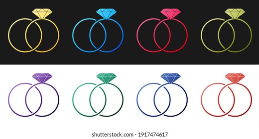Set Wedding rings icon isolated on black and white background. Bride and groom jewelery sign. Marriage icon. Diamond ring icon. Vector.