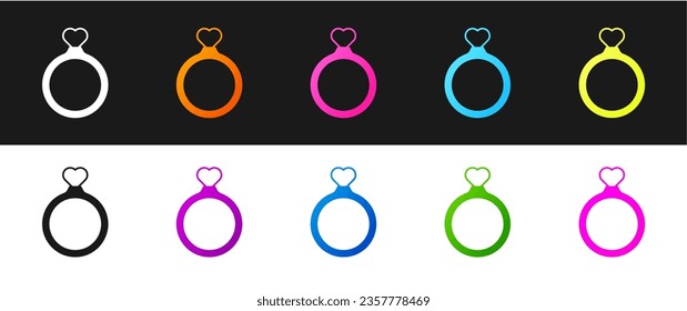 Establece el icono Anillos de boda aislados en fondo blanco y negro. Cartel de joyería de novias y novios. Símbolo del matrimonio. Anillo de diamantes.  Vector