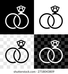 Set Wedding rings icon isolated on black and white, transparent background. Bride and groom jewelry sign. Marriage symbol. Diamond ring.  Vector