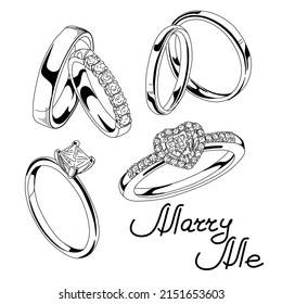 Set of wedding rings. Lettering 
 marry me. Print for invitation, wedding, party decoration, 
betrothal