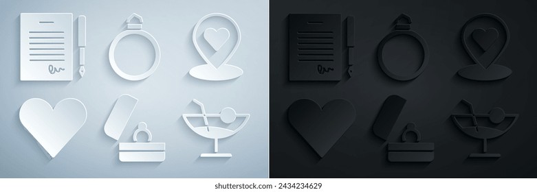 Set Wedding rings, Location with heart, Heart, Cocktail, Diamond engagement and Marriage contract icon. Vector