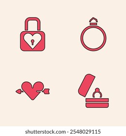 Definir anéis de casamento, Fechadura e coração, Engajamento diamante e Amour com ícone de seta. Vetor