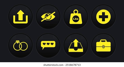 Set Wedding rings, Medical cross circle, Like and heart, Upload inbox, Weight pounds and Invisible or hide icon. Vector