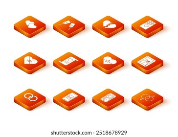 Conjunto de anillos de boda, móvil con corazón, caja en forma de caramelo, sobre de San Valentín, ritmo cardíaco, género e icono de marco de imagen. Vector