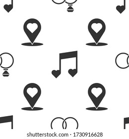 Set Wedding rings, Music note, tone with hearts and Map pointer with heart on seamless pattern. Vector