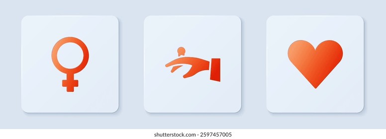 Set Wedding rings on hand, Female gender symbol and Heart. White square button. Vector