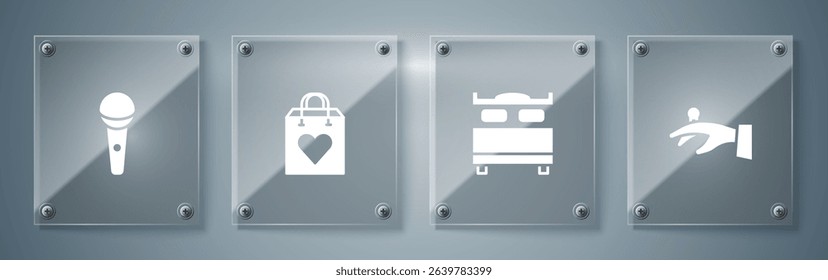Set Wedding rings on hand, Bedroom, Shopping bag with heart and Microphone. Square glass panels. Vector
