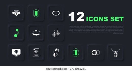 Set Wedding rings, Pendant on necklace, Bracelet jewelry, Gem stone, Piercing, Certificate of the diamond,  and Diamond engagement icon. Vector