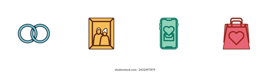 Set Wedding rings, Picture frame, Mobile with heart and Shopping bag icon. Vector