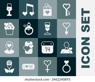 Anillos de boda, hombre romántico, símbolo de género femenino, bolsa de compras con corazón, botella de amor poción, pastel, copa de champán e icono. Vector