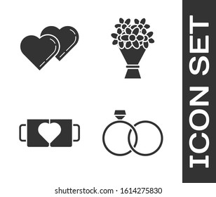 Set Wedding rings, Two Linked Hearts, Two coffee cup and heart and Bouquet of flowers icon. Vector