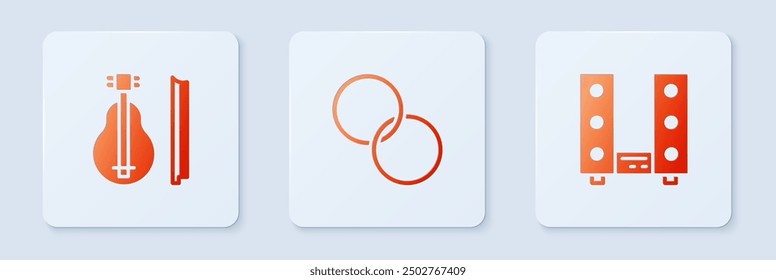 Set Wedding rings, Violin and Home stereo with two speakers. White square button. Vector