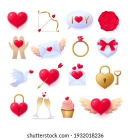 Set of wedding and romantic love related objects. Marriage proposal, engagement, romantic date symbols including such as champagne, dove, love letter, winged heart realistic vector illustration