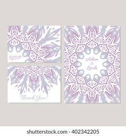 Set of wedding, save the date invitation card templates with lace ornament. Vector background. Indian, Arabic, Islam motifs. Vintage design elements. Business or other event hand drawn background.