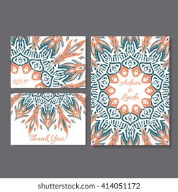 Set of wedding, save the date invitation card templates with lace ornament. Vector background. Indian, Arabic, Islam motifs. Vintage design elements. Business or other event hand drawn background.