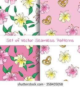 Set of wedding seamless patterns with lily flowers and rings