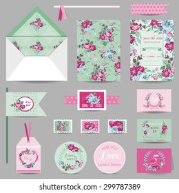 Conjunto de Estacionario de Bodas - Tarjeta de Invitación, Guardar la Fecha, RSVP - con fondo de rosas chicas Shabby - en vector