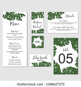 Set of wedding stationary template: menu, favor tag, details card, escort, table number, with greenery illustration. Rustic bridal concept with green leaf plant.