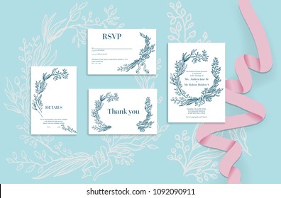 Set of wedding stationery ornamental cards concept. Handwritten calligraphic style. Elegant invitatin wedding template.