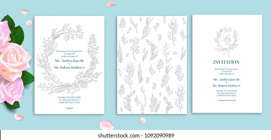 Set of wedding stationery ornamental cards concept. Handwritten calligraphic style. Elegant invitatin wedding template.